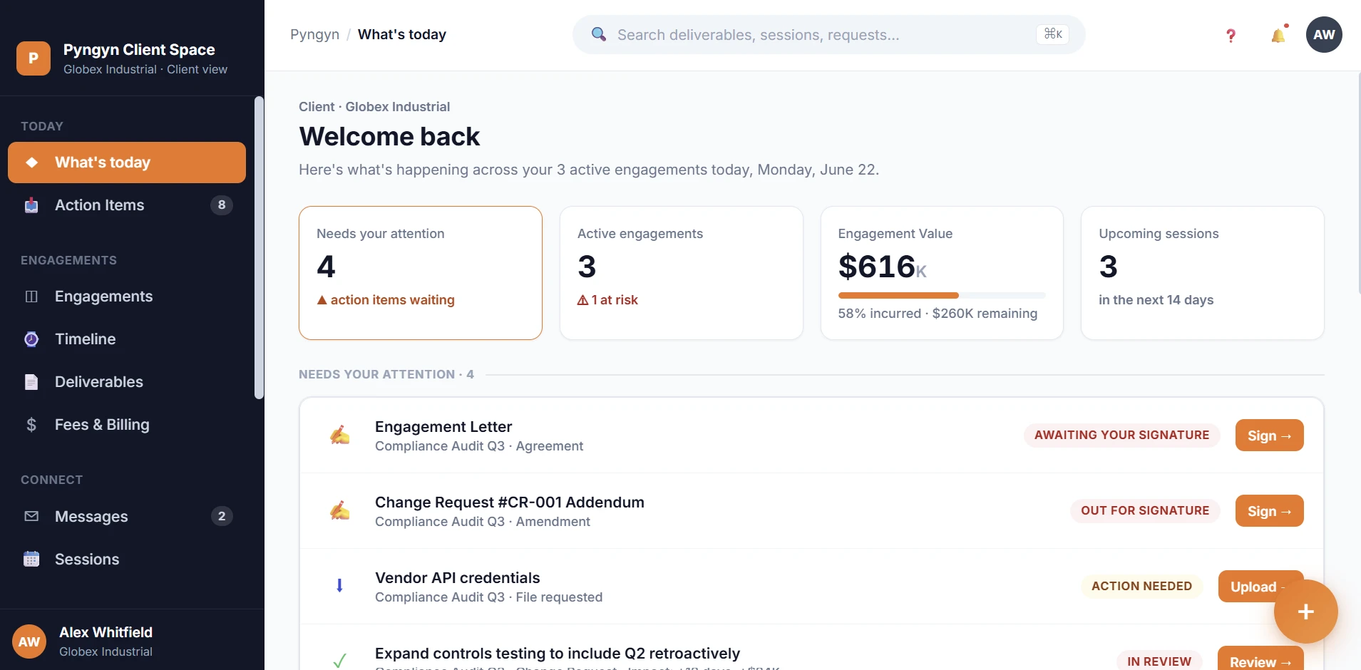 PYNGYN Clientspace showing a client's branded portal with needs-your-attention items, active engagements, engagement value, and upcoming sessions at a glance