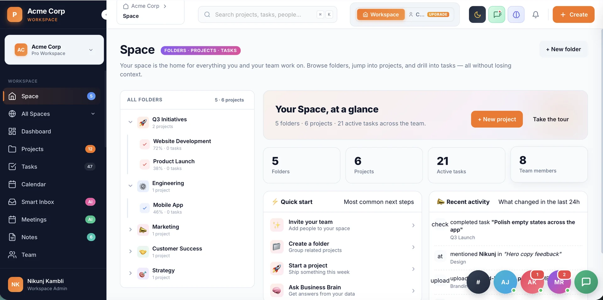 PYNGYN Workspace showing a firm's space with folders and projects, an at-a-glance summary of folders, projects and active tasks, quick-start actions, and recent activity